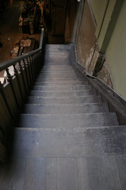 Refinished industrial fir-natural stairs before.